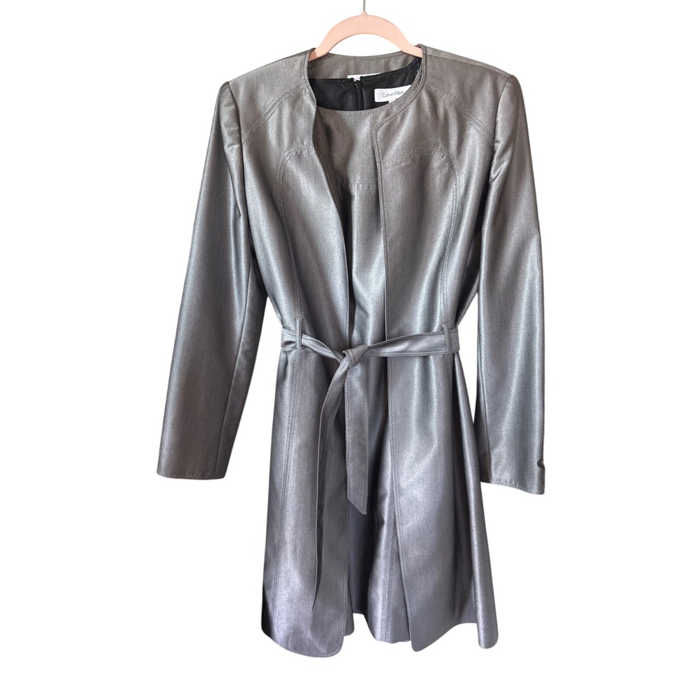 Calvin Klein Dress Set Women 10 Silver Metallic Sheath Belted Jacket